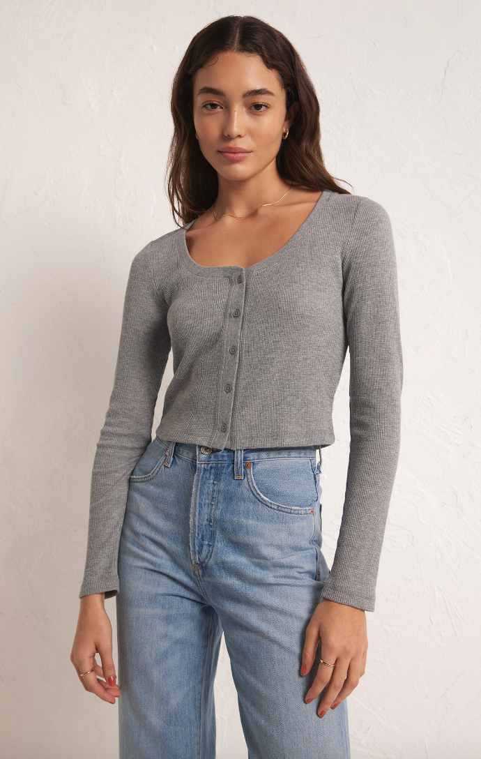 Ciana Cropped Waffle Top- Classic Heather Grey