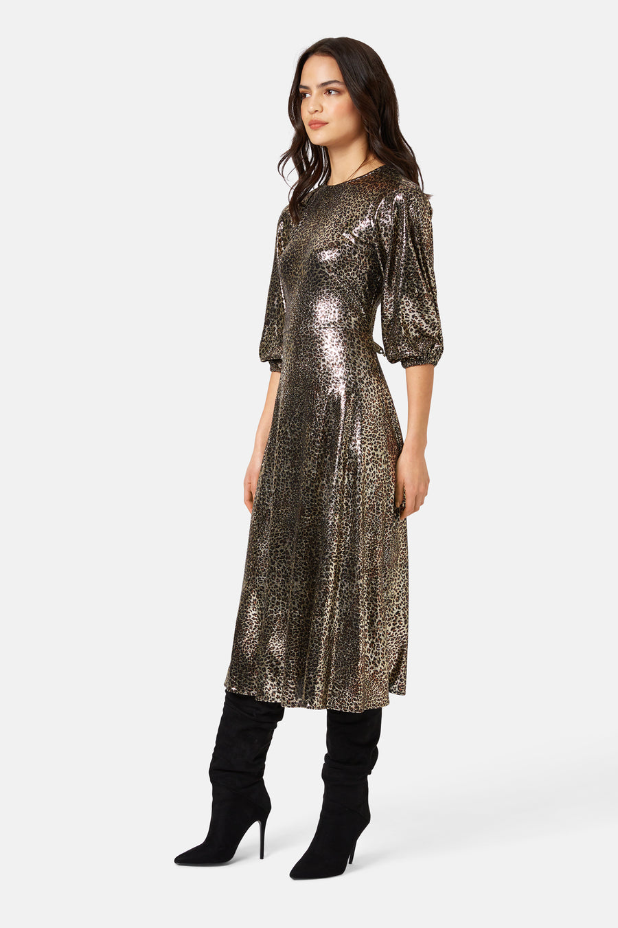 Shiny Leopard Print 3/4 Sleeve Dress