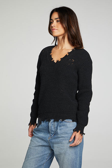 Long Sleeve V-Neck Deconstructed Sweater