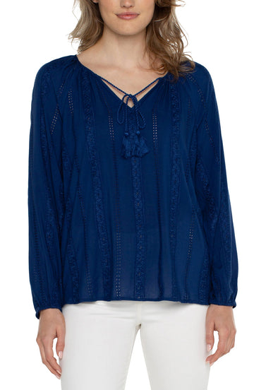 Embroidered Shirred Blouse w/Neck Ties - Night Sky Blue