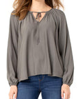 Shirred Blouse with Neck Ties