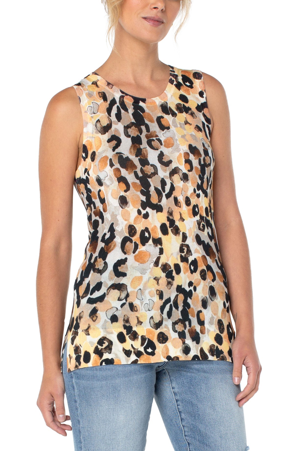 Printed Sleeveless Sweater With Side Slit - Leopard