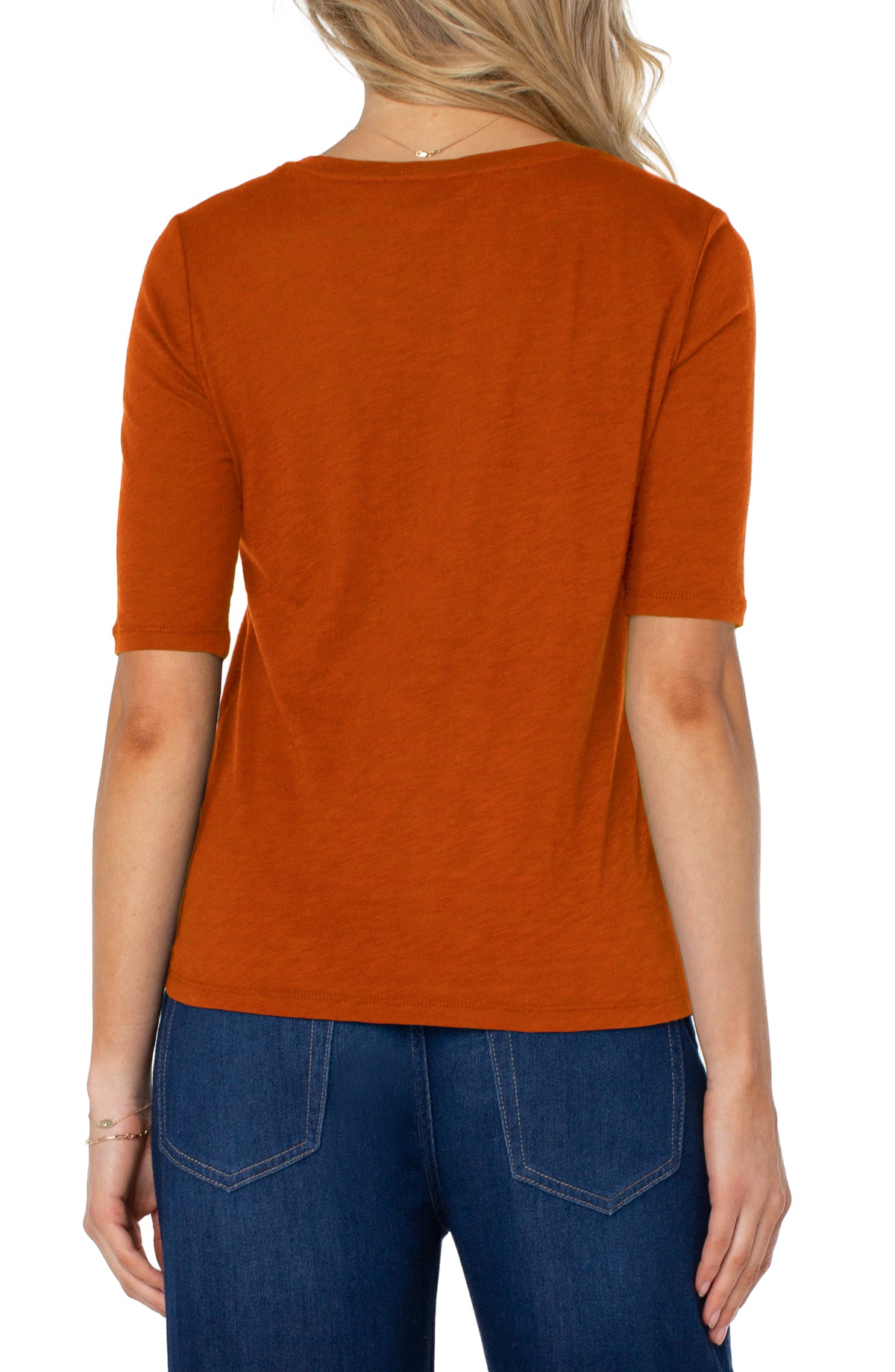 Half Sleeve Crew Neck Slub Knit Tee - Henna