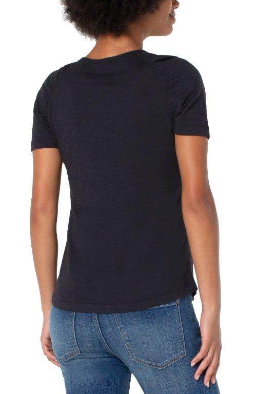 Short Sleeve Shirred Raglan Slub Knit Tee - Black