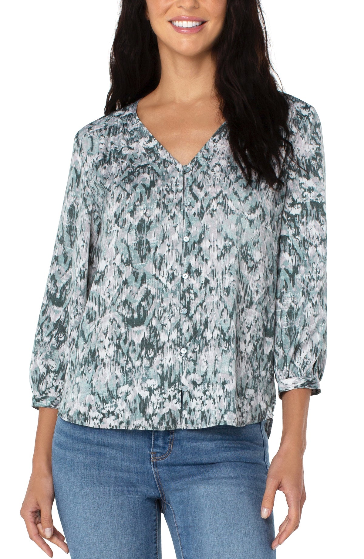 V Neck 3/4 Sleeve Puff Sleeve Button Up Shirt