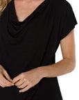 Short Sleeve Draped Cowl Neck Knit Top - Black