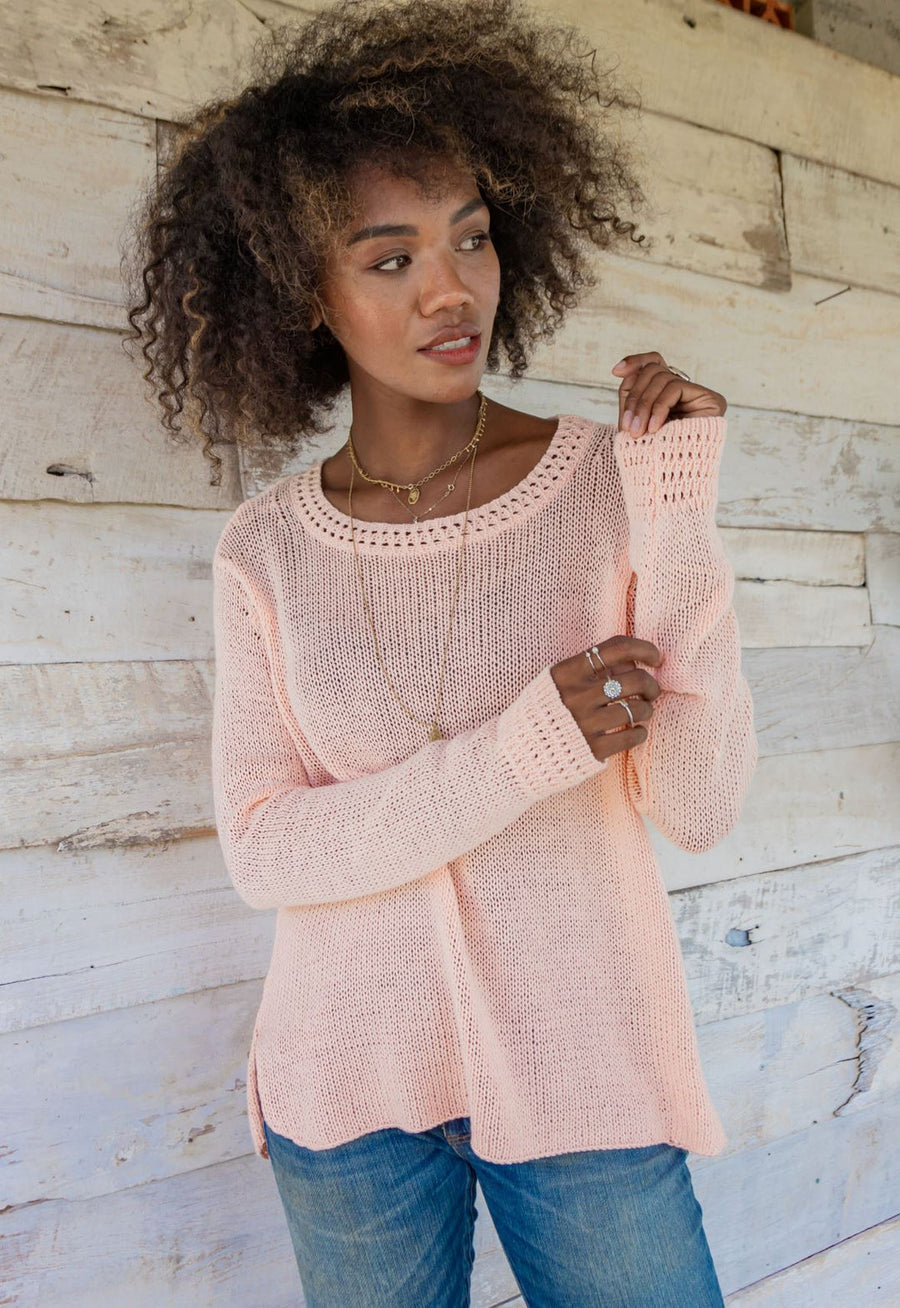 Amelia Crew Cotton Sweater - Peach Ice
