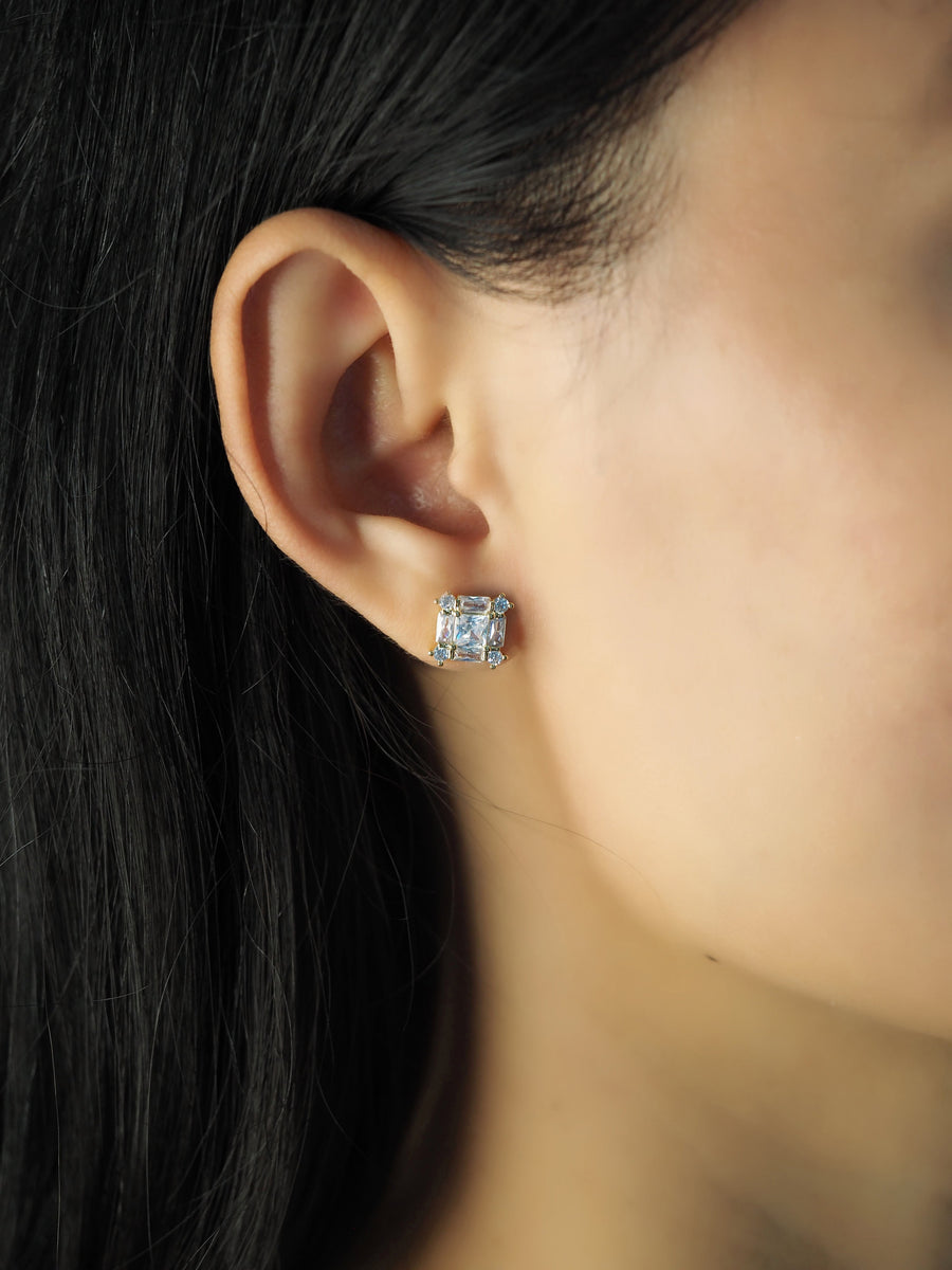 Princess Cut CZ Studs w/ Accents - Gold