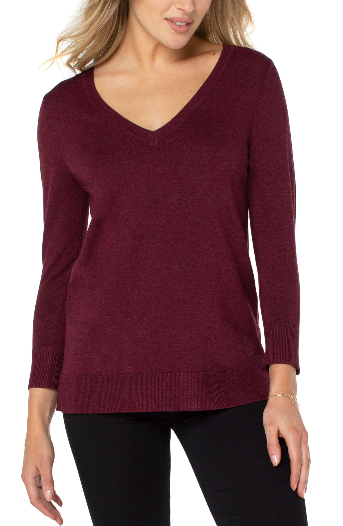 3/4 Sleeve V Neck Sweater w/Pique - Windsor Heather