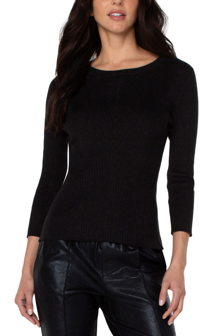 Crewneck 3/4 Sleeve Sweater w/Pointelle - Black