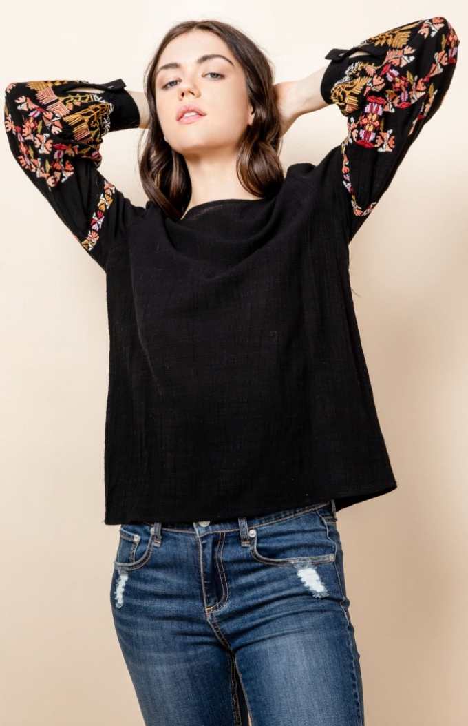 Embroidered  Bubble Long Sleeve Top