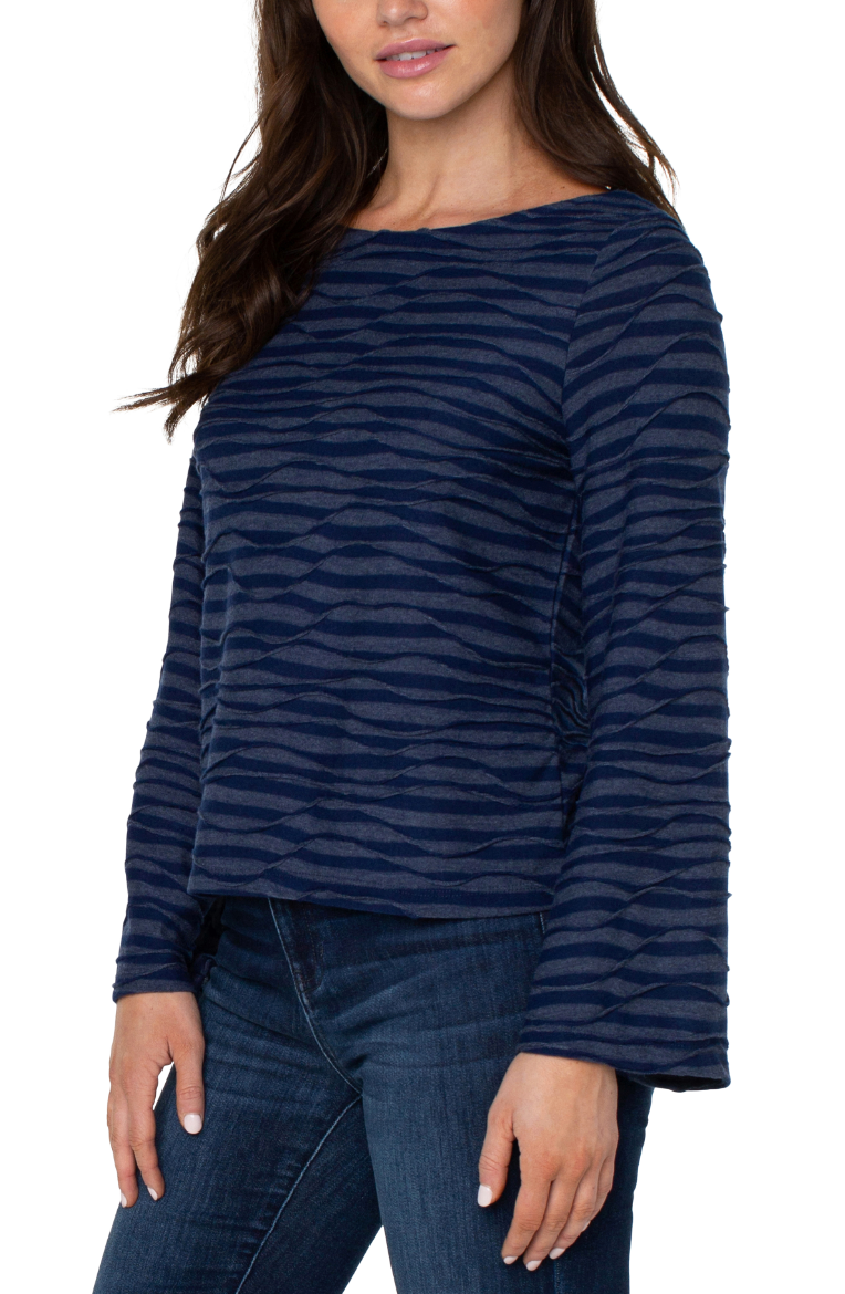 Long Flared Sleeve Boat Neck Knit Top - Navy Space Dye