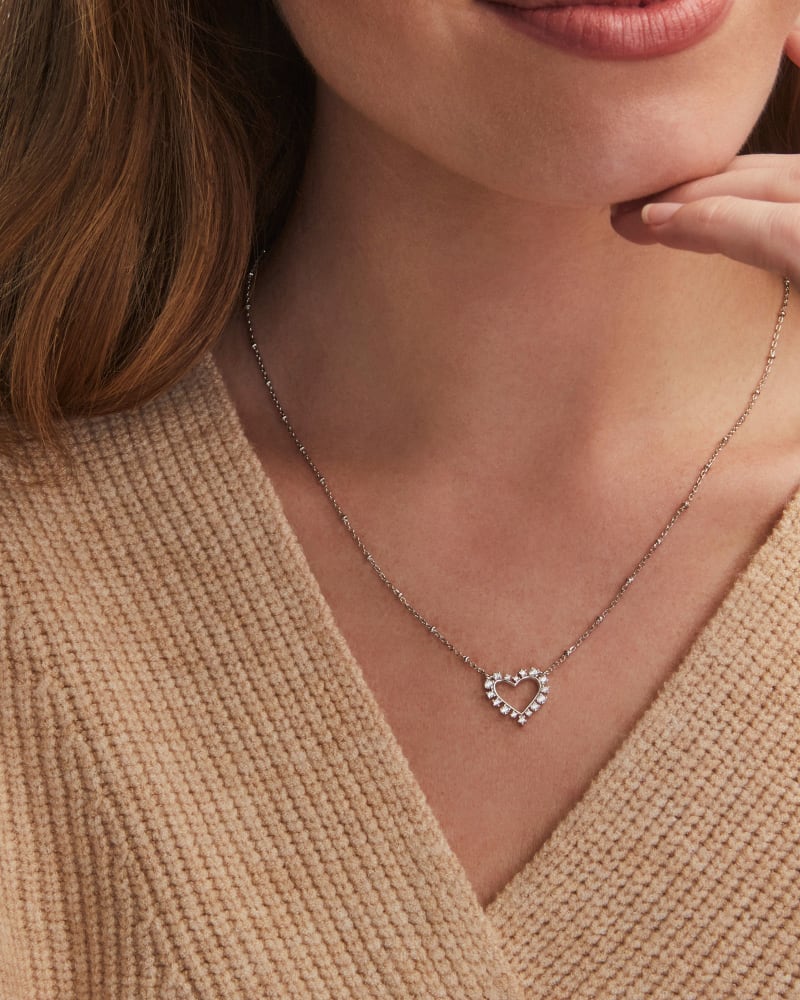 Kendra Scott Ari Heart Crystal Pendant Necklace Rhodium White Crystal