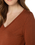 3/4 Sleeve V Neck Sweater w/Pique - Copper Heather