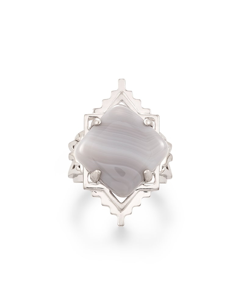 Kendra Scott Cass Cocktail Ring Rhodium Gray Banded Agate Size 9