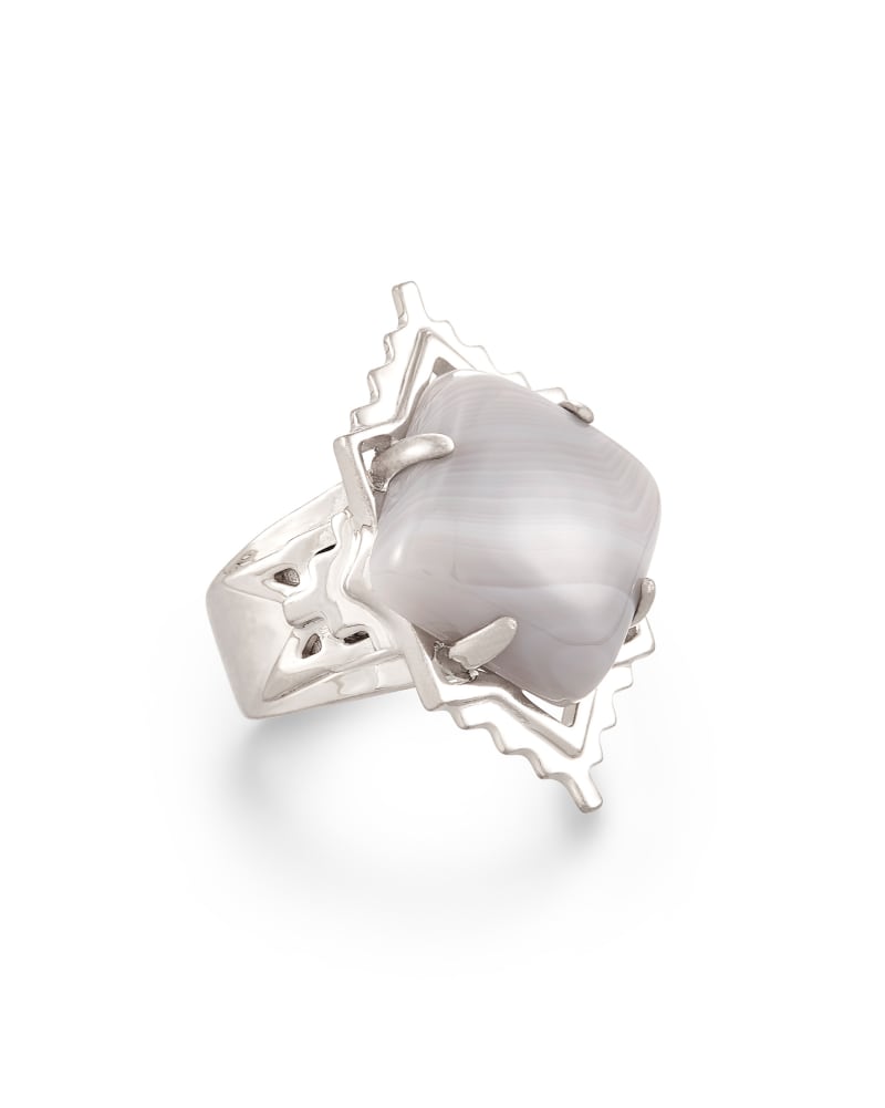Kendra Scott Cass Cocktail Ring Rhodium Gray Banded Agate Size 9