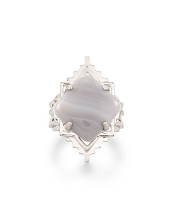 Kendra Scott Cass Cocktail Ring Rhodium Gray Banded Agate Size 9
