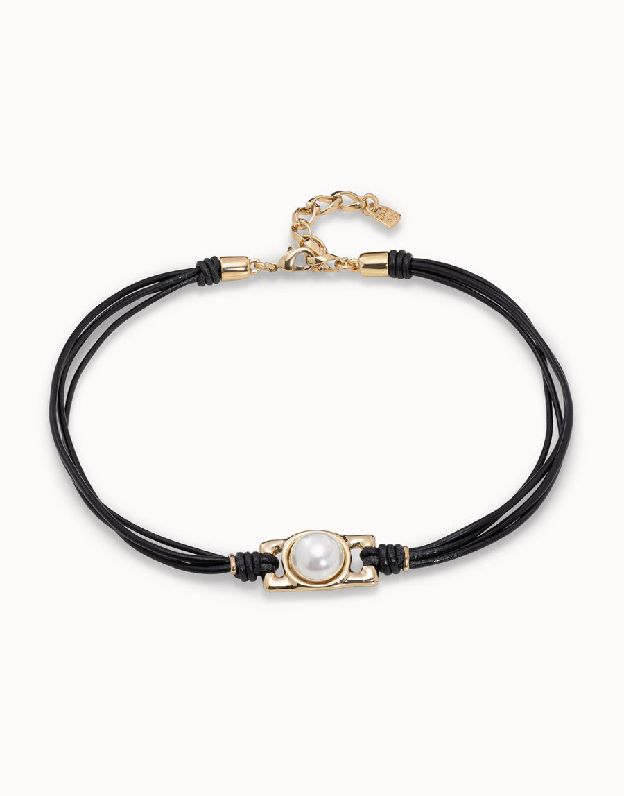 UNOde50 Short Gold Necklace With Four Leather Straps And Central Gold Bead With Pearl