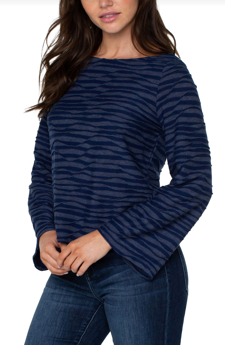 Long Flared Sleeve Boat Neck Knit Top - Navy Space Dye