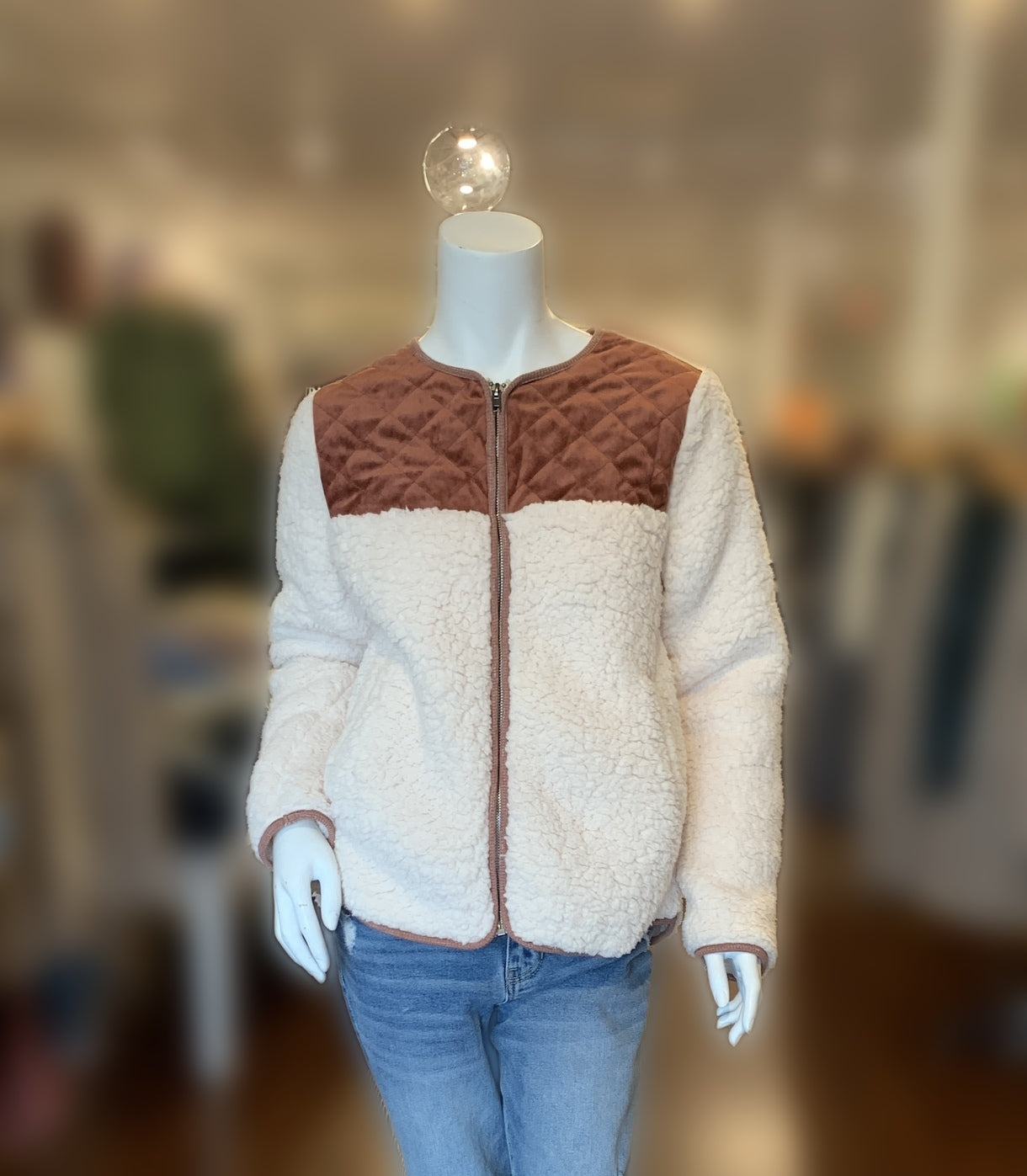 Velour Quilted Sherpa Zip Up Jacket