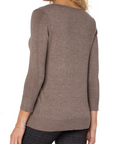 3/4 Sleeve V Neck Sweater w/Pique - Shiitake Heather