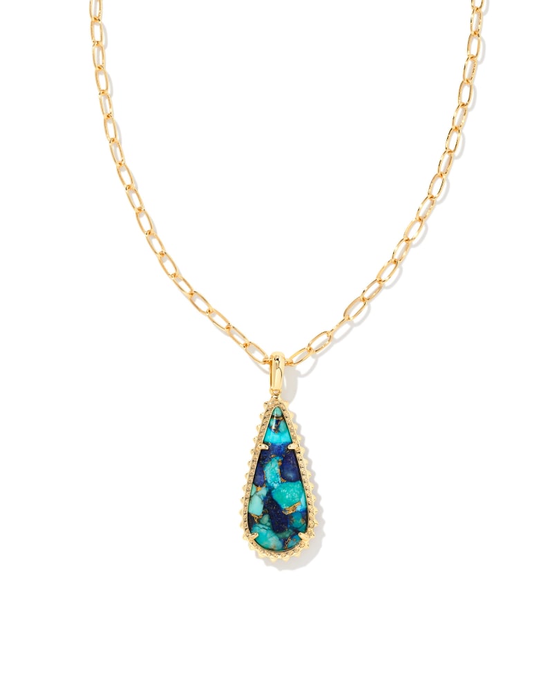 Kendra Scott Payton Long Pendant Necklace Gold Bronze Veined Lapis Turquoise