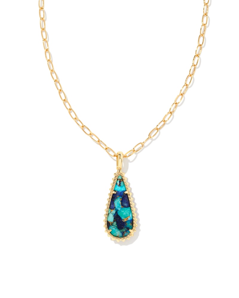 Kendra Scott Payton Long Pendant Necklace Gold Bronze Veined Lapis Turquoise