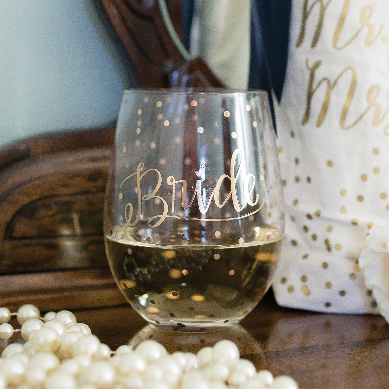 Bride Stemless Wine Glass - Polka Dot