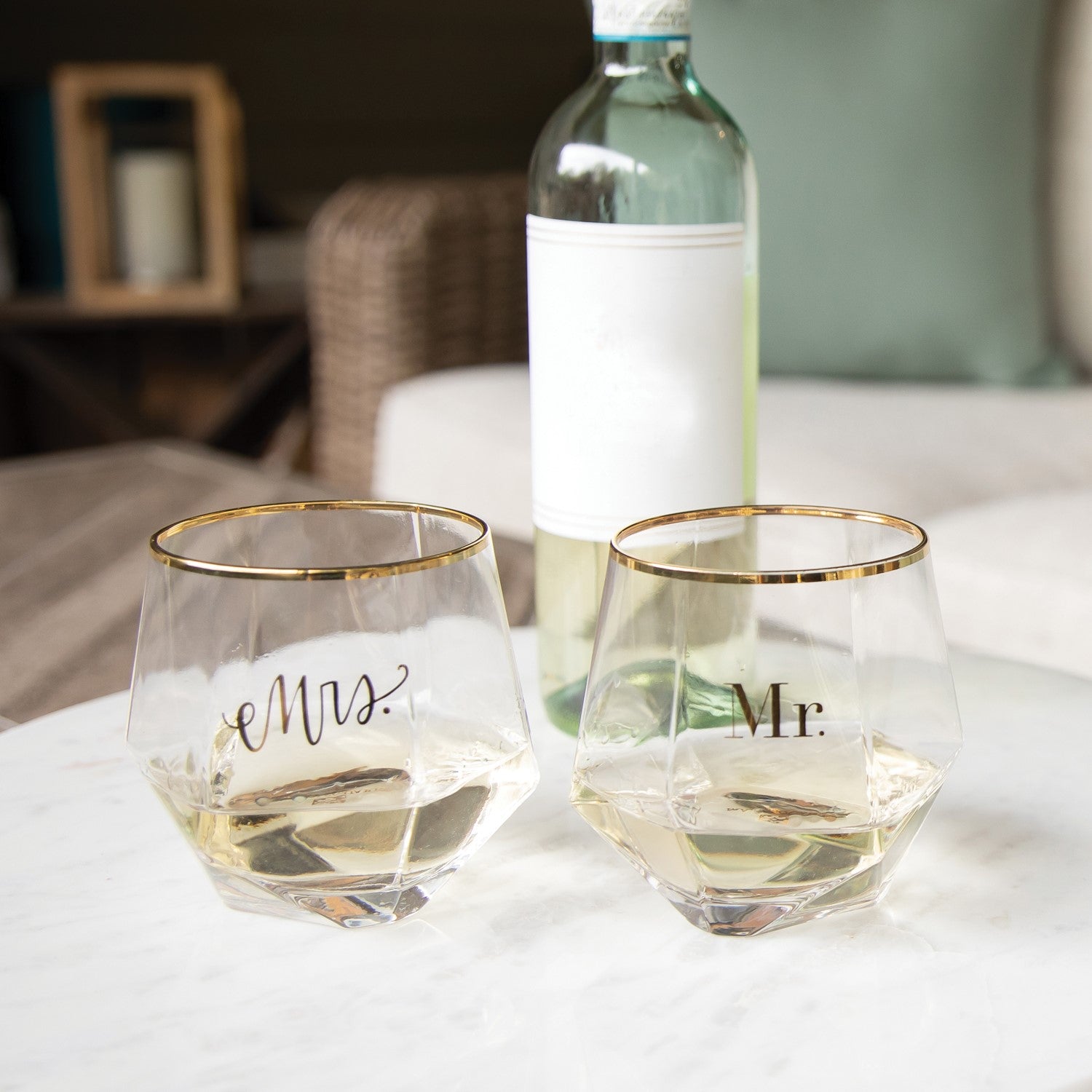 Mr &amp; Mrs Stemless Wine Glass Set