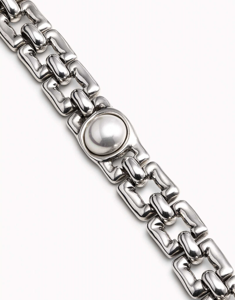 UNOde50 Sterling Silver Square Link Bracelet With Central Link With Pearl Size Medium