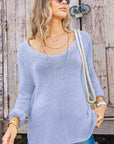 Shirt Tail V Neck Cotton Sweater - Blue Wisp