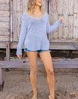 Shirt Tail V Neck Cotton Sweater - Blue Wisp