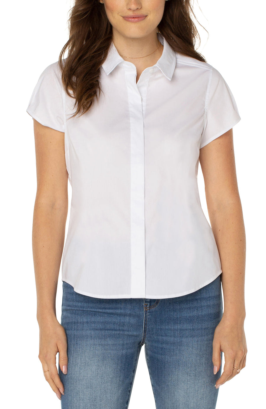 Fitted Cap Sleeve Button Front Shirt - White