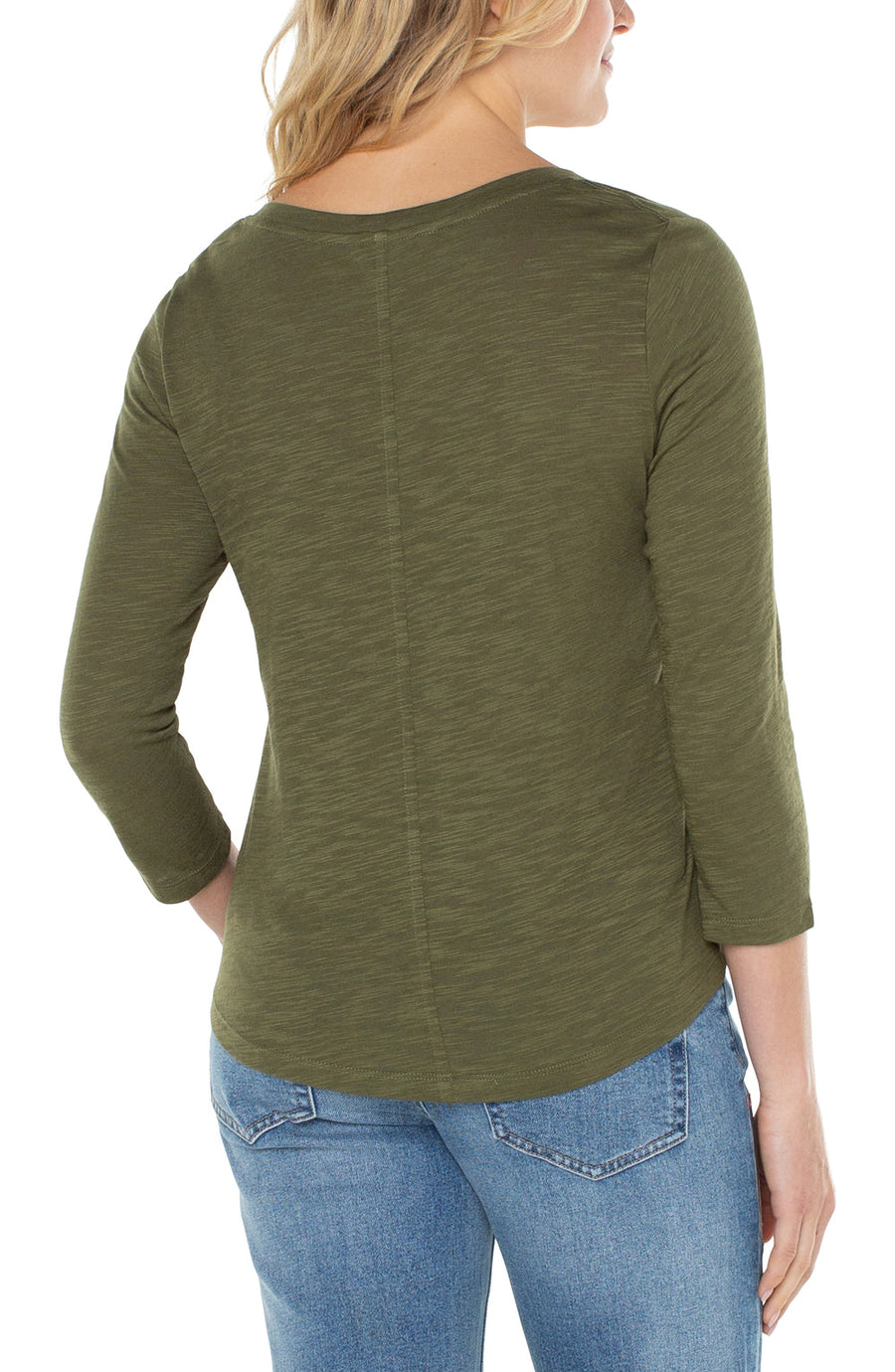 3/4 Sleeve Scoop Neck Slub Knit Top - Smokey Olive